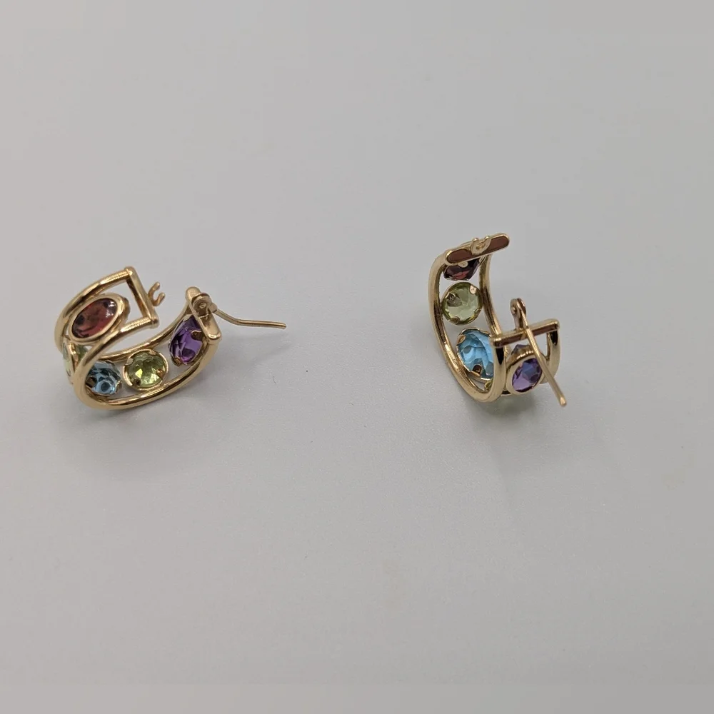 Sold ♥️14k Yellow Gold Amethyst Peridot Blue Topaz Multi-Gemstone Hoop Earrings - Picture 14 of 16
